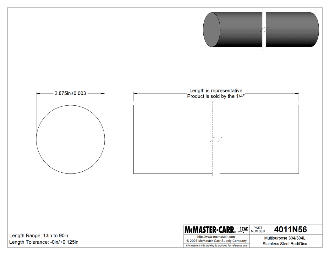 Technical Drawing of Multipurpose 304/304L Stainless Steel Rod/Disc, 2-7/8" Diameter.
